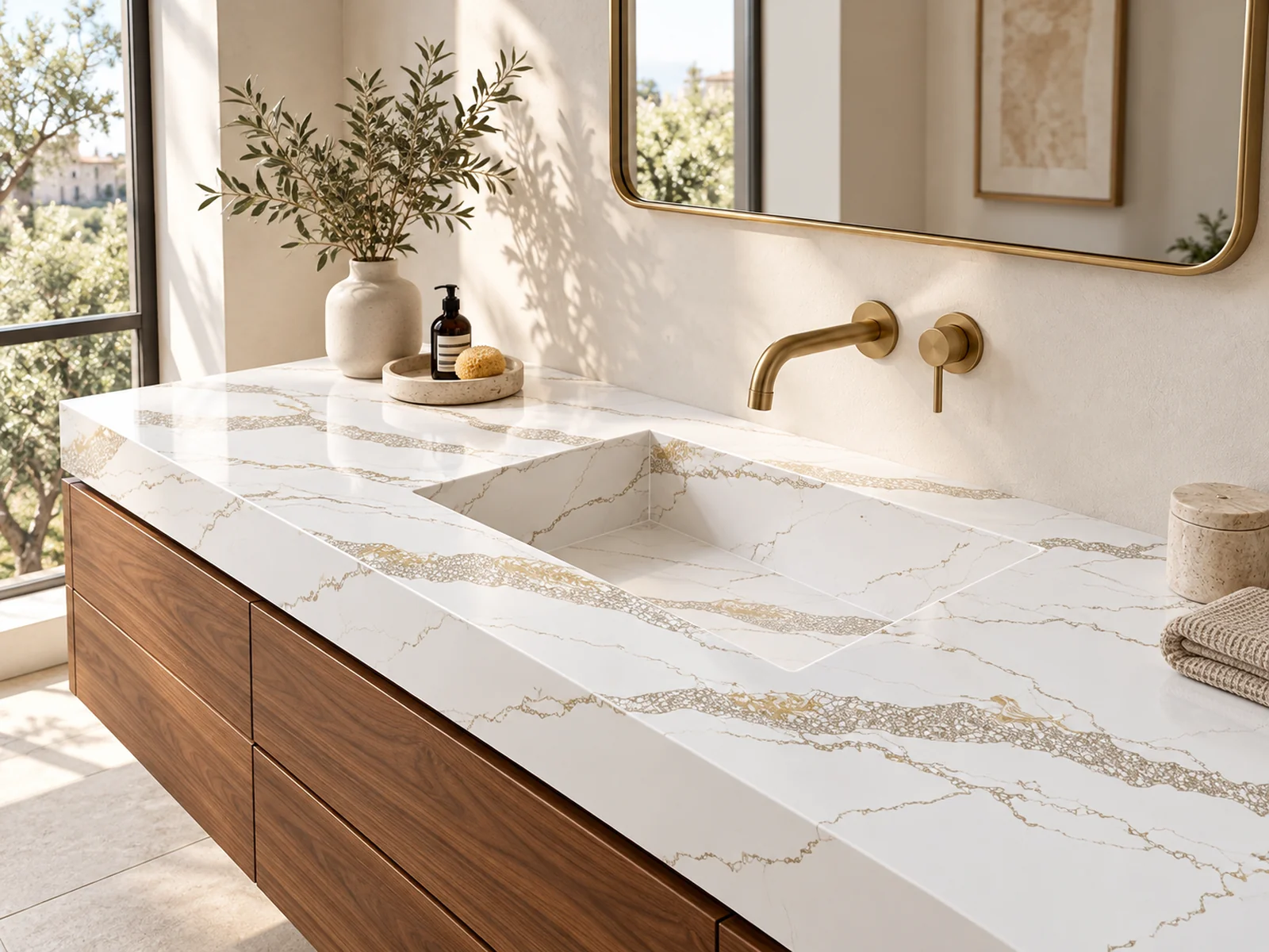 Rendering of an Auro Quartz Calacatta 6614 Gold bathroom vanity top